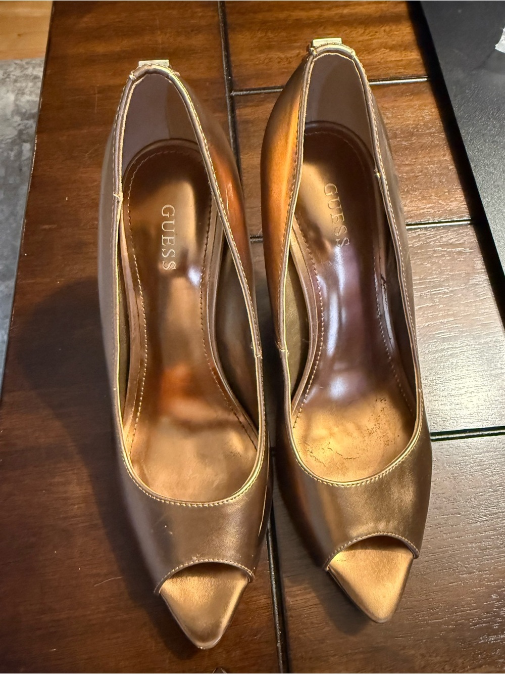 GUESS Bronze Metallic Peep-Toe Heels